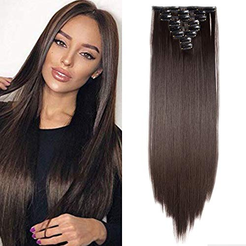 SEGO Extension Capelli Clip Lisci Lunghi Set da 8 Fasce Sintetiche Posticci Donna Hair Extensions 65cm Full Head 140g Castano Scuro