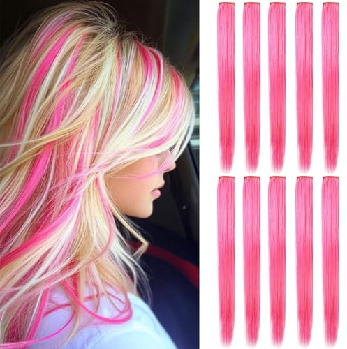 LSKJMO 10PCS 20 inch Colorful Party Highlights Clip in Pink Hair Extensions Multicolor Straight Synthetic Hairpieces for Women (Pink)