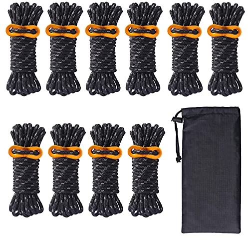 Hikeman 10 Pack 4mm Camping Rope Reflective Outdoor Guy Lines with Aluminum Guyline Adjuster Tensioners Nylon Tent Tie Downs for Hiking Backpacking Tarp,Canopy Shelter (Black)