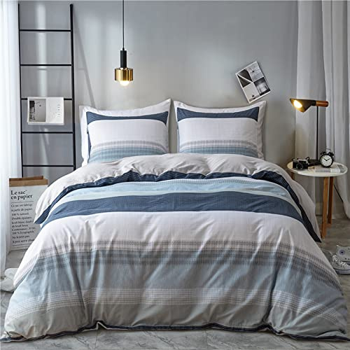 EAVD Cotton Duvet Cover Set Queen White Gray Blue Striped Duvet Cover Modern Geometric Striped Bedding Set for Boys Girls Women Men Blue Striped Queen Duvet Cover with Zipper Closure