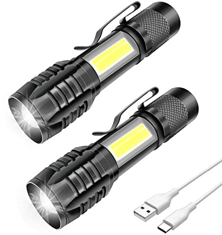 Lot de 2 lampes de poche LED rechargeables, puissantes professionnelles, 3 modes zoomables, COB petite poche à LED avec aimant, IP5 étanche pour camping militaire, randonnée, 1000 mAh, 2 PZ