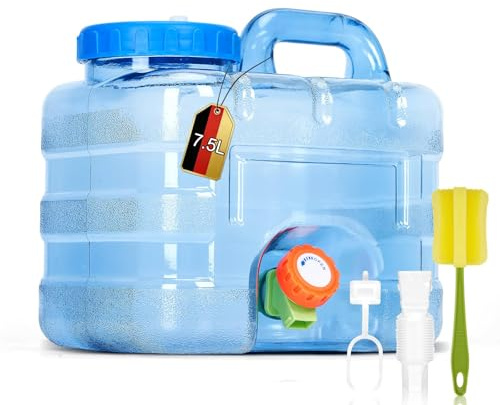 RUYI Wasserkanister mit Hahn und Schraubdeckel, Camping Wasserkanister BPA-frei Trinkwasserkanister, Tragbarer Wassertank mit Griff für Wohnwagen Picknick Wandern (Upgrade 7.5L)