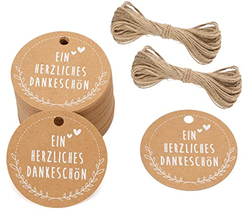 G2PLUS Herzliches Dankeschön Geschenkanhänger - 5CM Runde Karten für Gastgeschenke - 100 Stück Braune Etiketten Mit Schnur