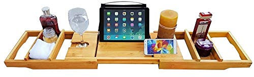 Weinregal Wandmontage Luxuriöser Bambus-Badewannen-Caddy Badewannenablage Mit Ausziehbaren Seiten Eingebauter Buch-Tablet-Halter Handyablage & Integrierter Weinglashalter Und Andere Zubehörplatzierung