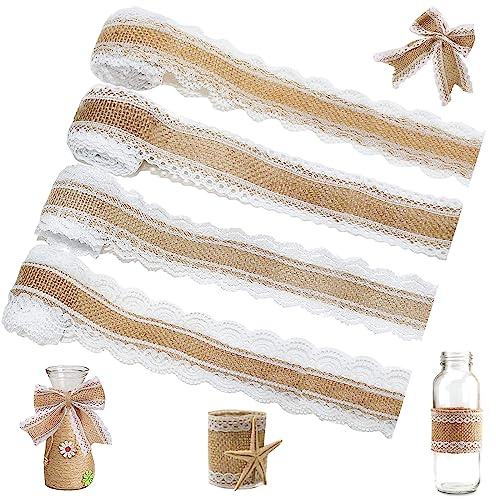 4 Rollen Juteband Natur, Vintage Spitzenband, Weiß Hochzeitsdeko, Hanfsei | Jute Bänder Dekoband für DIY Handwerk, Juteband mit Spitze, Weihnachten Deko Hochzeit Party Spitzenbordüre Dekoband Leinwand