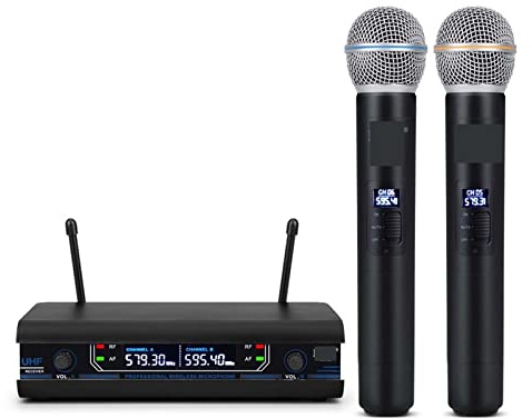 EYESLA Professionnel UHF Système de Microphone sans Fil de karaoké émetteur de Micro à Main Dual à Longue portée avec Fonction (Color : Zwart)