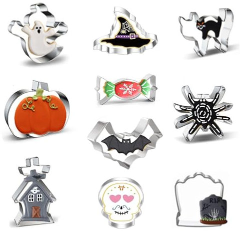 Halloween Moldes Para Galletas Grande- Sombrero de Bruja, Calabaza, Fantasma, Murciélago, Lápida y gato Cortador Acero Inoxidable