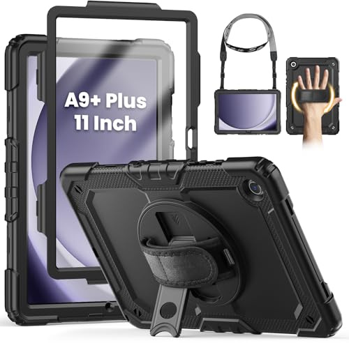 SEYMCY for Samsung Galaxy Tab A9+/ A9 Plus Case 11 Inch | Full Body Shockproof with Screen Protector, Rotating Hand Strap & Stand, Shoulder Strap for Samsung A9+ Tablet Case, Black