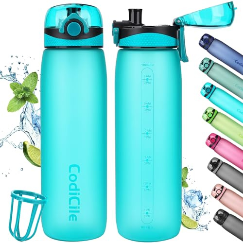 CodiCile Gourde 1 l - Sans BPA - Anti-fuite - 1 l - Tritan - Avec filtre - Pour fitness, course, école, extérieur, cyan