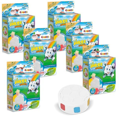 INKEE Foamy Football 6er Pack | 6 Fußballform Kinder Badebomben mit 3 Farben, Pop-Corn Duft, Badekugeln 6x 60g, Super Cremig