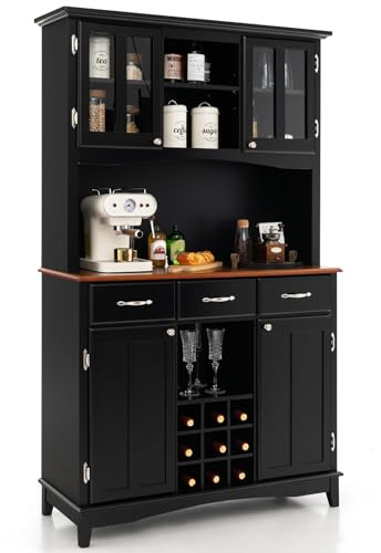 COSTWAY Large Kitchen Storage Cabinet, Freestanding Buffet Cupboard with Adjustable Shelves, Tempered Glass Doors, 9 Wine Compartments & 3 Drawers, Wooden Tall Sideboard for Living Room Office (Black)