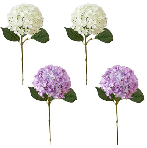 4 Cabezas de Hortensias de Seda con Tallos, Flores Artificiales de Hortensias, Ramas de Flores de Hortensias de Imitación de 23,6 Pulgadas, Flores de Seda de Hortensias(4pcs-blanco verde+morado)