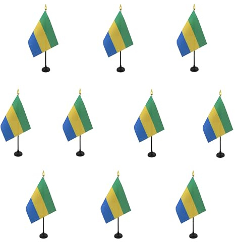 AZ FLAG - Set med 10 mini Gabon bordsflagga - 15 x 10 cm - 10 gabonska kontorsflaggor 100 % polyester med gyllene prickstång