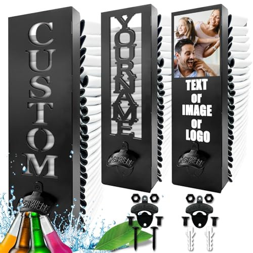 Glacière murale 2 en 1 personnalisable avec décapsuleur en métal pour bouteille de bière avec nom, texte, barre photo, cadeau pour homme, papa - 35,6 cm