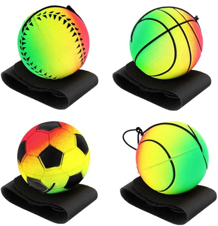 AHQiZFX 4 pelotas de retorno para muñeca con cuerda, pelota de saltar con cuerda, pelota de goma de rebote, pelota deportiva de muñeca, para jugar y ejercicios de muñeca