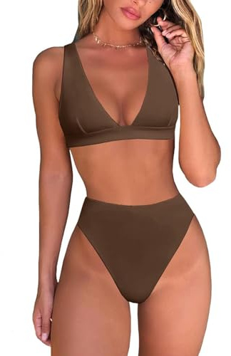 Cool Summer Conjunto de Bikini de Tanga de Talle Alto para Mujer, Top Triangular Brasileño Sexy, Trajes de Baño de Dos Piezas Con Cuello En V Profundo, Adecuado para Fiestas En La Playa