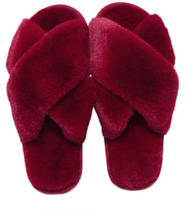 Milaloko Women Fluffy Cross Band House Slippers Fuzzy Open Toe Slippers Cozy Plush Slip-on Home Shoes Indoor Outdoor, Red, 38-39