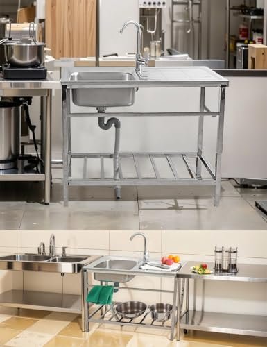 AutmDizyne Freistehende Outdoor Spüle Küche Waschbecken Edelstahl Spülbecken mit Wasserhahn Ablageflächen Einfach Zu Montieren/Reinigen Waschtrog Spültisch für Garten Lofts Terrassen Arbeitsräume