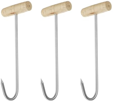 sourcing map 3Pcs Stainless Steel T Hooks 10 Inch 7.7mm T-Shaped Handle Meat Boning Hook with Wooden Handle for Kitchen Butcher Shop Restaurant BBQ Tool