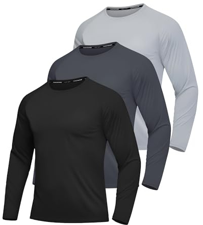 FUXERT Lot de 3 Chemises Rashguard à Manches Longues pour Homme, Protection Solaire UPF 50+, séchage Rapide, entraînement et randonnée, Lot de 3 : Noir + Gris foncé + Gris Clair, Large