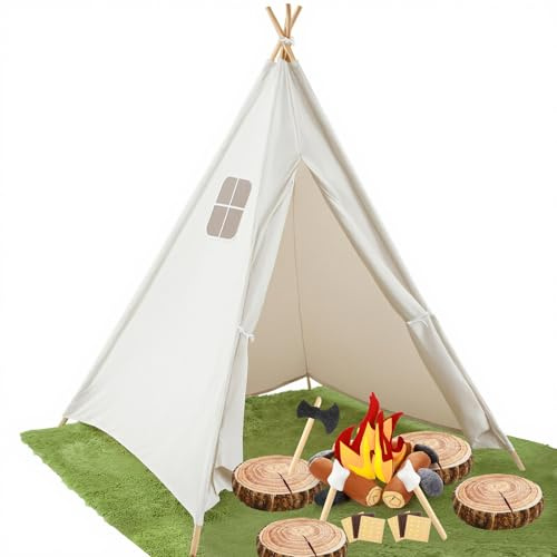 Kigley Kids Camping Teepee Tent Set Felt Campfire Rug Wood Cushions