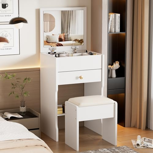 MSFE 3 in 1 Schminktisch Klein, Frisiertisch mit aufklappbarem Spiegel, Frisiertisch mit Hocker, Schminktisch-Set Kosmetiktisch fürs Schlafzimmer, 37.5 * 40 * 109 cm, Weiß
