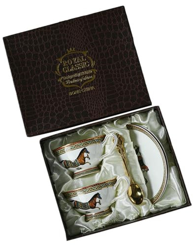 CAPIJIONG Taza de café y platillo de cerámica de porcelana de hueso de 220 ml, taza de té de la tarde con personalidad retro, caja corta de dos cucharas