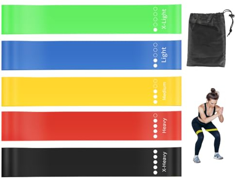 KiwiPower Fitnessbänder 5er Set – Widerstandsbänder mit 5 Stufen, Gymnastikband aus Latex mit Übungsanleitung & Tragebeutel – Resistance Bands für Muskelaufbau, Yoga, Pilates, Physiotherapie
