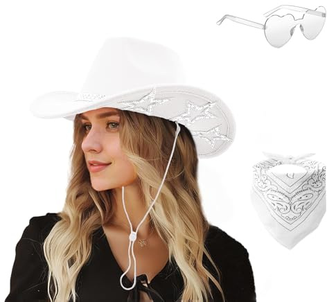 DAJOOEE Cowgirl Hat with Bandana & Heart Sunglasses | Glitter Star Cowboy Hat | Western Sparkly Hats for Women & Men
