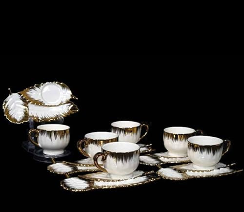 Service à Thé en Porcelaine, 6 Tasses et Soucoupes, Motif Plume Blanc et Or, Style Élégant