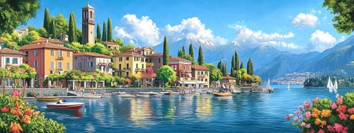 Bimkole DIY 5D Grande Diamond Painting Kit Completo Fai da Te Città Sul Lago, Paesaggio Pittura Diamante Punto Croce Strass Arte E Creazione Di Mosaico Decorazione Murale Artigianale 30x80 cm