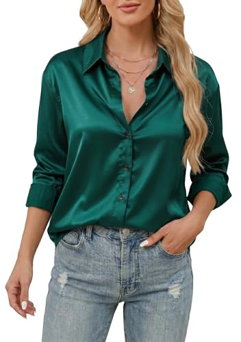 Stamain Dam Silkesblus, Satin, Långärmad Button Down, Enkel Skjorta Ledig Kontor Affärstopp, Mörkgrön, M