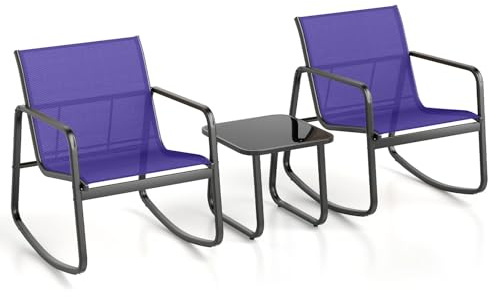 GOPLUS Set 3 Piezas Balancín Jardin, 2 Sillas y 1 Mesa Baja de Cristal, con Tejido de Malla Transpirable, Banda Antideslizante, Juego de Conversación para Exterior Patio Piscina Balcón (Azul)