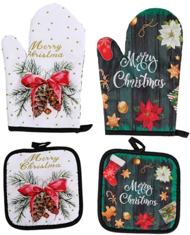 Zerodeko 2 Sets Insulated Gloves Xmas Oven Glove Heat Resisting Christmas Party Table Cushion Kitchen Oven