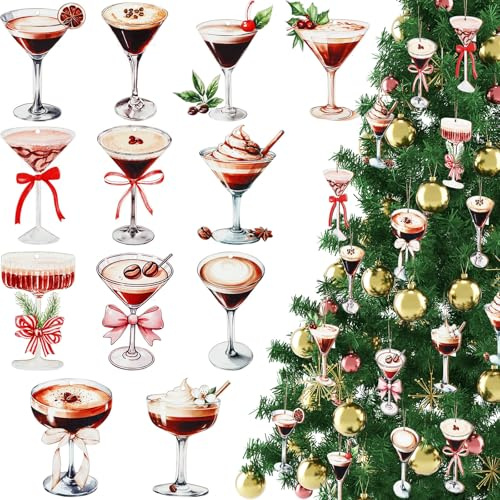 Thyle 24 Pcs Christmas Espresso Martini Ornament Wooden Espresso Martini Xmas Tree Ornament Wine Decorations with Ropes for Christmas Tree