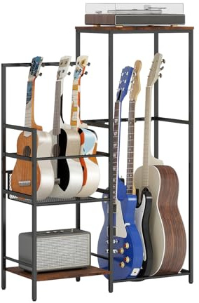 YOURLITE Guitar Rack, Heavy Duty 3 Tier Multiple Guitar Stand with 8 Holders – for Acoustic, Electric Guitar, Bass, Ukulele & Record Player, Adjustable Feet Stability for Home Music Studio