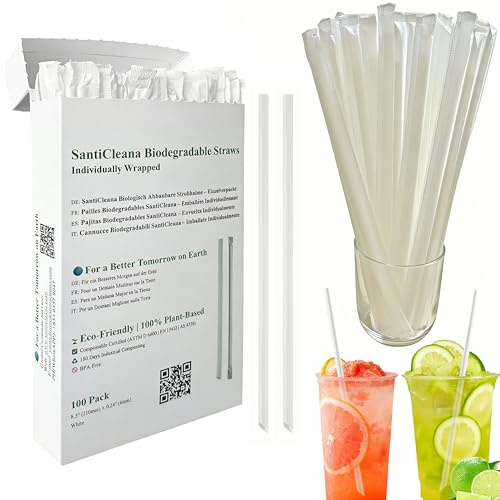SantiCleana 100 Pajitas Biodegradables, Individualmente Envoltas, 21 cm, -10℃ a 85℃, a Base de Plantas, Rectas, Blancas, Compostables, Sin BPA
