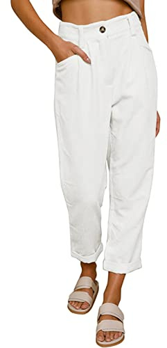 Generisch Pantalon en velours côtelé pour femme - Jambe large - Taille haute - Pantalon fuselé - Pantalon de jogging en coton - Pantalon de loisirs avec poches - Pantalon thermique d'hiver, Blanc., M