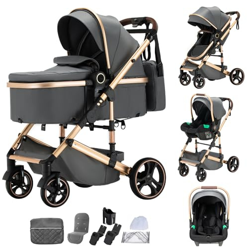 Shineey Passeggino 3 pezzi Carrozzina Ovetto Schienale Regolabile Completamente Reclinabile passeggino 3 in 1Grandi Ruote pneumatici in gomma,passeggino combinato (H9/DARK GREY, H9)