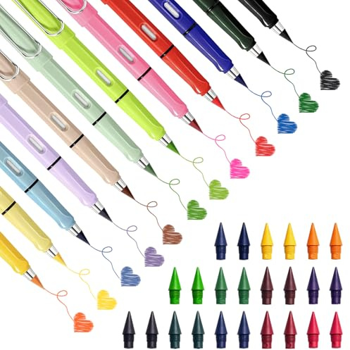 12 Pezzi di Matita Infinita Colorata, Matite Infinita con 24 Punte Colorate Sostituibili, Pencil Riutilizzabile senza Inchiostro con Gomma, per Scrittura e Disegno, Adatto a Studenti e Pittori