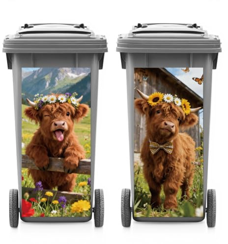 ANATTASOUL 2Pcs Highland Bull Animal Wheelie Bin Sticker for Bin Decorative | Waterproof,Dustbin Cover,14.9x 32.2,Adhesive,Large,Funny Decal for Bins, Fridge, Wall, Garden Outdoor, Indoor Decoration