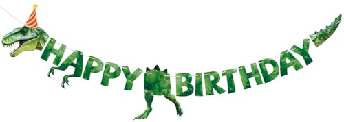 Dinosaurie Happy Birthday Banner, Inte Klädd Akvarell Dinosaurie Trex Banner Födelsedagsfest Dekorationer för Barn Pojkar Flickor Djurtemafest (Grön)
