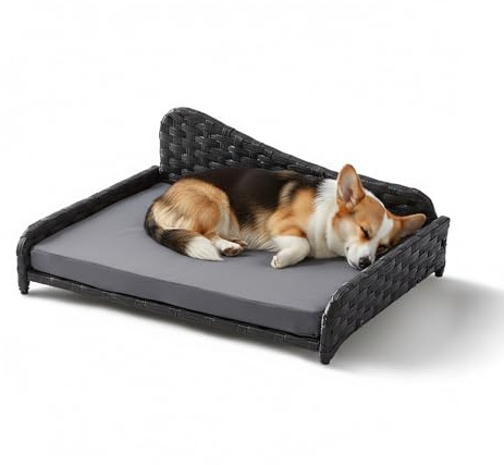 Relaxdays Hundebett Rattan, L, HBT: 25x63x46 cm, erhöhtes Hundeliege mit Kissen, Hundesofa, Outdoor & Indoor, grau