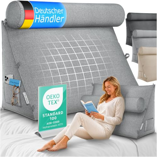 ELONEO Rückenkissen 70 cm breit mit Verstellbarer und Abnehmbarer Nackenrolle, Keilkissen für Bett und Sofa geeignet, dreieckiges Lesekissen, Kissen mit waschbarem Bezug, praktisches Seitenfach