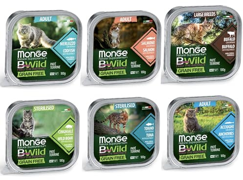 Monge BWild Grain Free Paté Terrine per Gatti Sterilizzati, Gusti Misti con Ortaggi, 24 Vaschette da 100 g