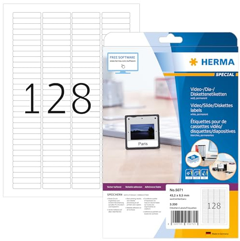 HERMA 5071 Dia Etiketten, 25 Blatt, 43,2 x 8,5 mm, 128 pro A4 Bogen, 3200 Stück, selbstklebend, bedruckbar, matt, blanko Papier Diarahmen-Aufkleber, weiß