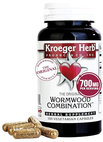 Kroeger Herb Products, Wormwood Herb, Black Walnut, Clove, Quassia, Worm Wood Detox Cleanse - Vegetarian Capsules, Non-GMO, Gluten Free, No Preservatives or Fillers - 100 Capsules, Made in USA