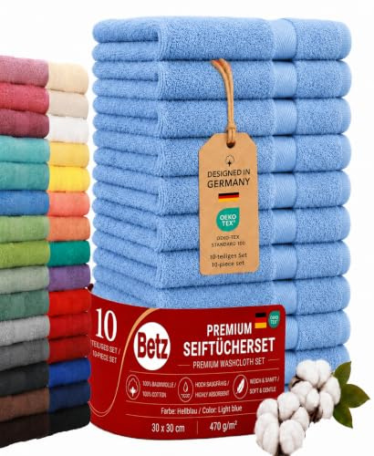 Betz Premium Seiftücher Set 10-teilig – 10× Seiftuch 30×30 cm, 100% Baumwolle 470 g/m², weich & saugstark, Oeko-TEX® Farbe hellblau