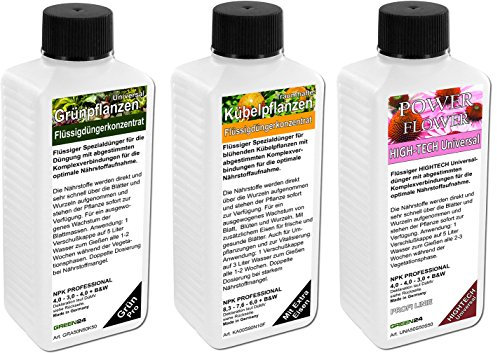 Terrassengarten Dünger SET mit 3 Profi Flüssigdüngern für Kübel-, Blüten- und Grünpflanzen