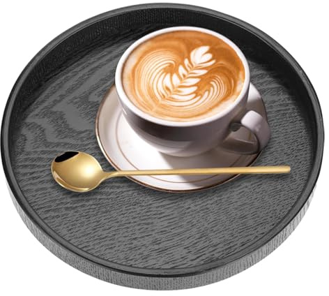 Agatige Black Round Serving Tray, Wooden Snack Food Meals Tea Trays Decorative Tray Tableware Non Slip Bar Drinks Food Serving Tray for Coffee Table Party Hotel(21CM)